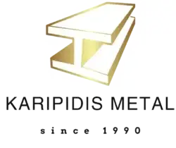 Χρυσό μεταλλικό λογότυπο σε μορφή σιδήρου με KARIPIDIS METAL γραμμένο. Από το 1990, με εξειδίκευση στο εμποριο σιδηρου. Κατάστημα που βρισκεις όλα τα υλικά μεταλλικών κατασκευών.