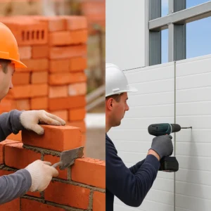 Σύγκριση τοιχοποιίας με τούβλα και τοποθέτησης πάνελ πλαγιοκάλυψης με βίδωμα σε μεταλλικό σκελετό