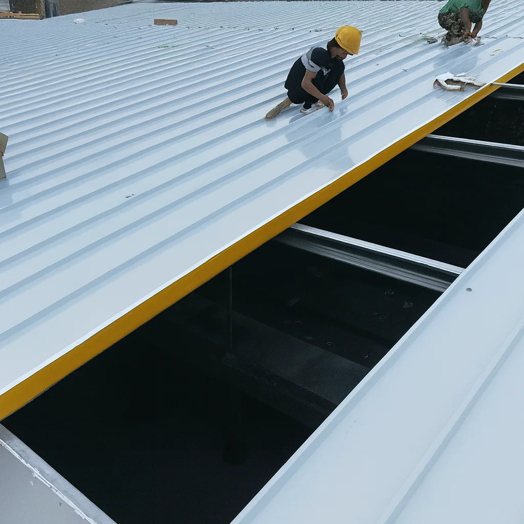 Κλίση στέγης με πάνελ: τοποθέτηση πάνελ πολυουρεθάνης σε στέγη με κλίση — τεχνίτες στερεώνουν μεταλλικά φύλλα σε κατασκευή οροφής