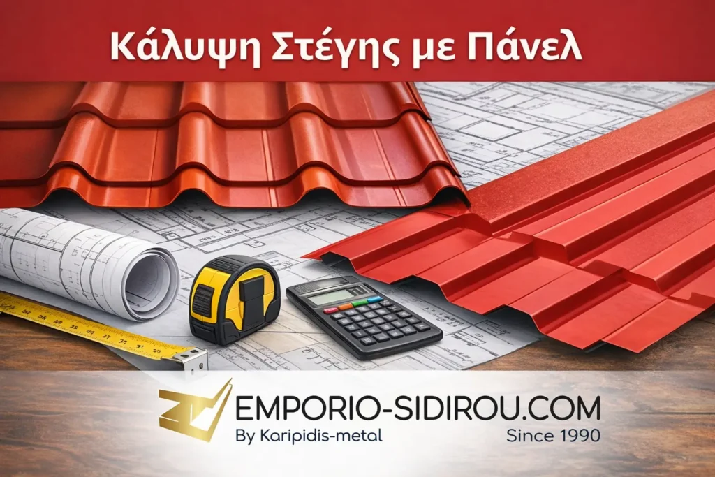 Κάλυψη στέγης με πάνελ με πάνελ κεραμίδι, τραπεζοειδές πάνελ και λογότυπο Emporio-Sidirou.com