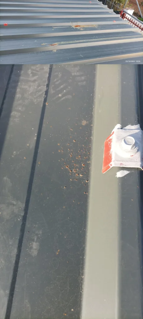 οξείδωση σε πάνελ στέγης από λανθασμένη κοπή μετάλλου