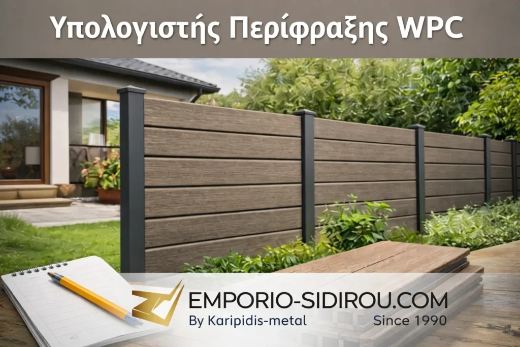 Υπολογιστής περίφραξης WPC με εικόνα περίφραξης και λογότυπο Emporio-Sidirou.com