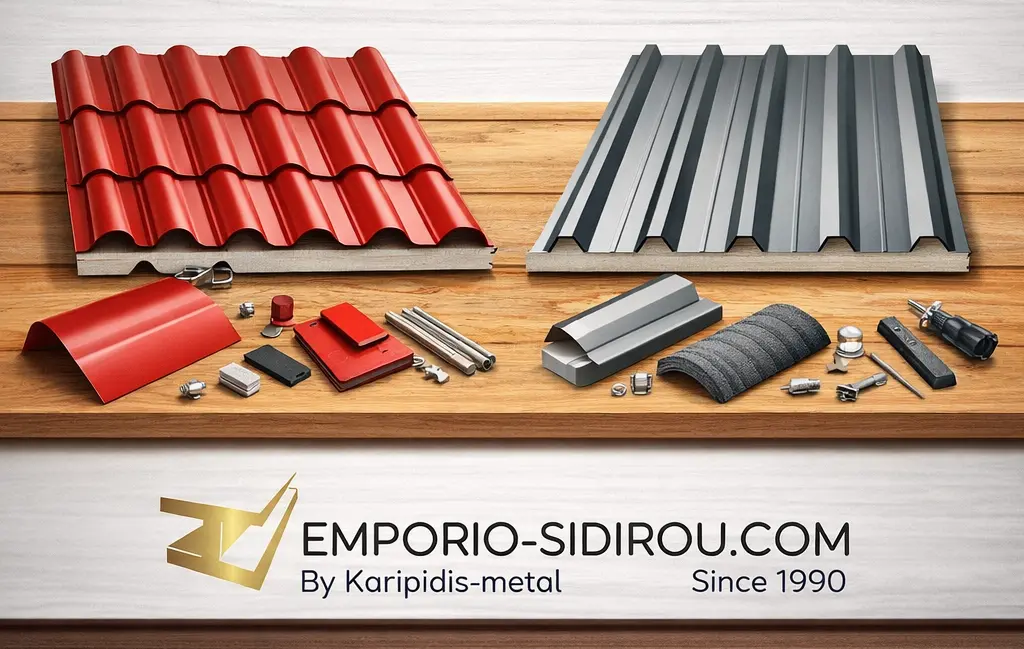 Πάνελ κεραμίδι και τραπεζοειδές πάνελ οροφής με παρελκόμενα και λογότυπο Emporio-Sidirou.com